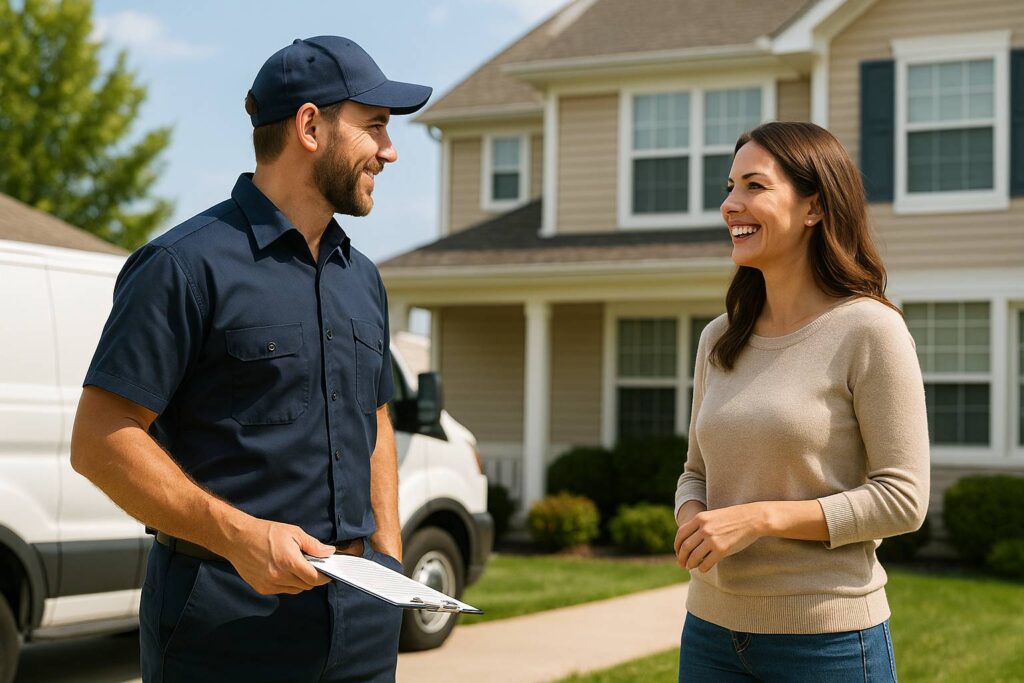 HVAC technician in a dark blue uniform talking with a smiling homeowner outside a beige suburban house on a sunny day, with a white service van parked in the driveway