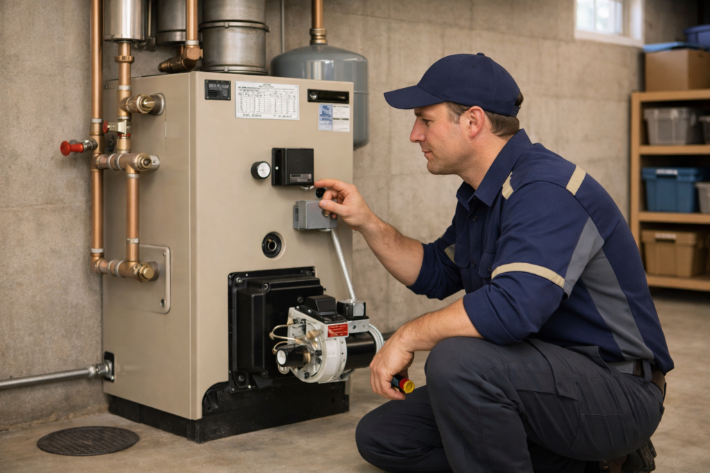 HVAC technician servicing residential boiler